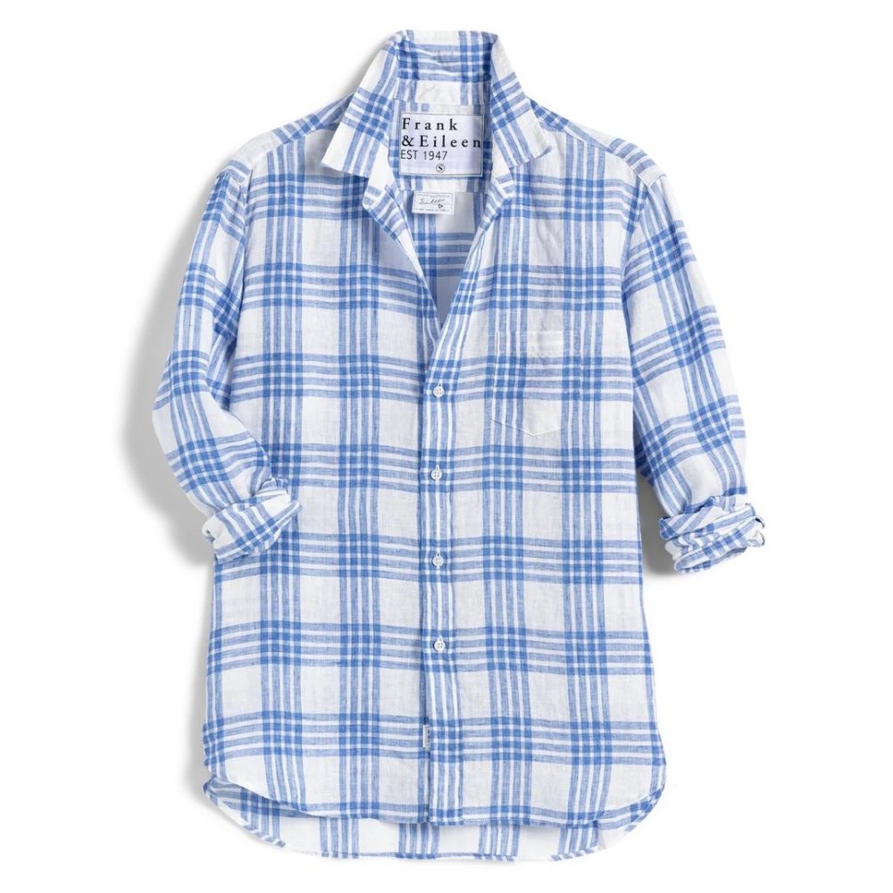 NWOT Eileen Relaxed Button-Up Shirt in Classic Linen / Large Blue Plaid